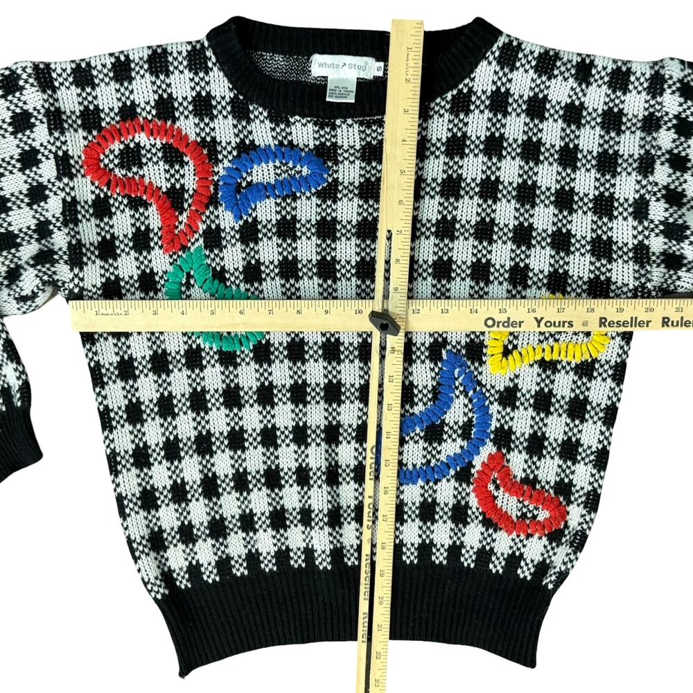 Vintage Black White Check Wide Stitch Rainbow Detail Crew Neck Sweater size S - Picture 5 of 11